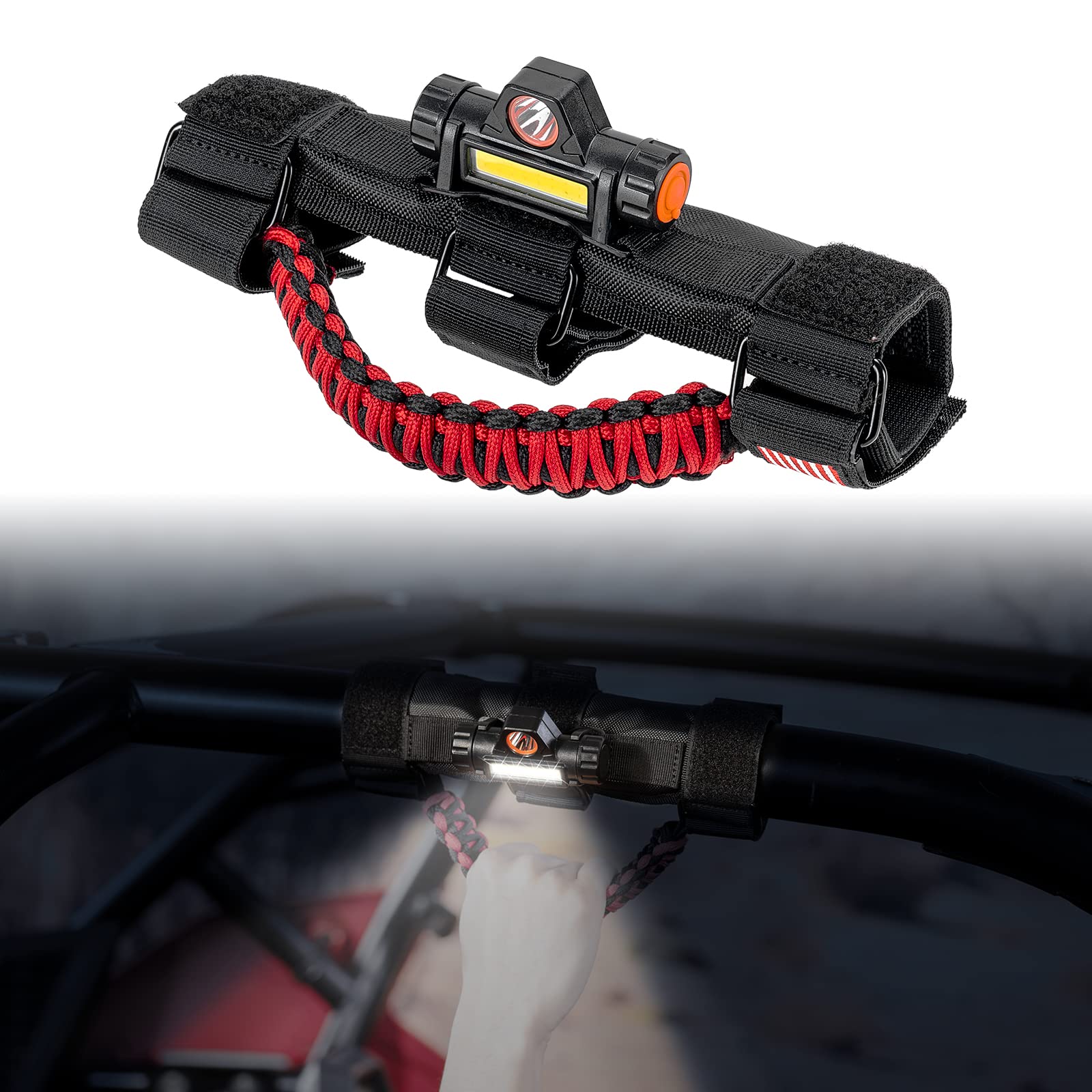 kemimoto UTV Roll Bar Grab Handle with Dome Light,1 Pack Paracord handle Grip Grab Hand Holder Red Fits 1.75-2 inch Roll Bar Compatible with Polaris RZR Ranger Can Am X3 Kawasaki Pioneer Talon Wildcat