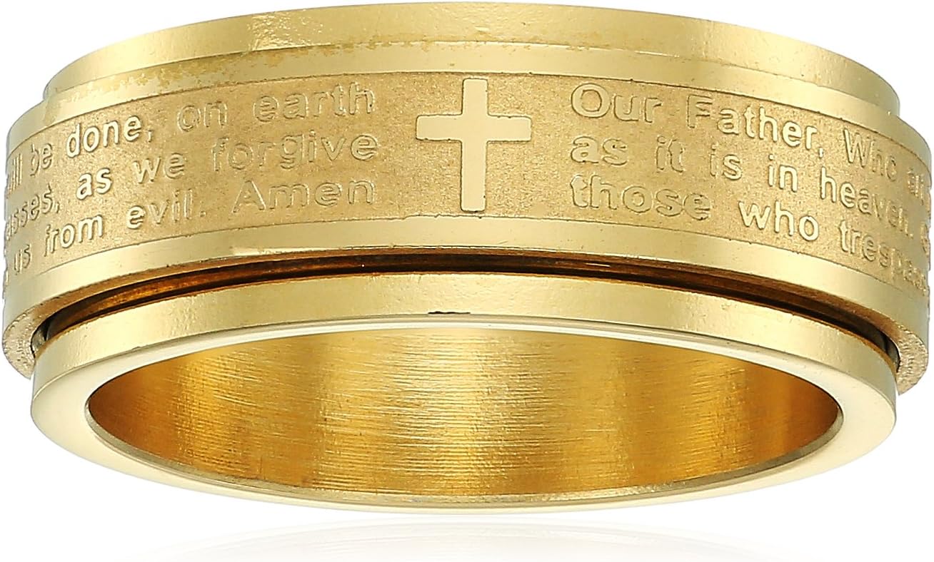 Amazon Essentials Steeltime Men's 18k Gold Plated Our Father Prayer Spinner Band Ring , (previously Amazon Collection)