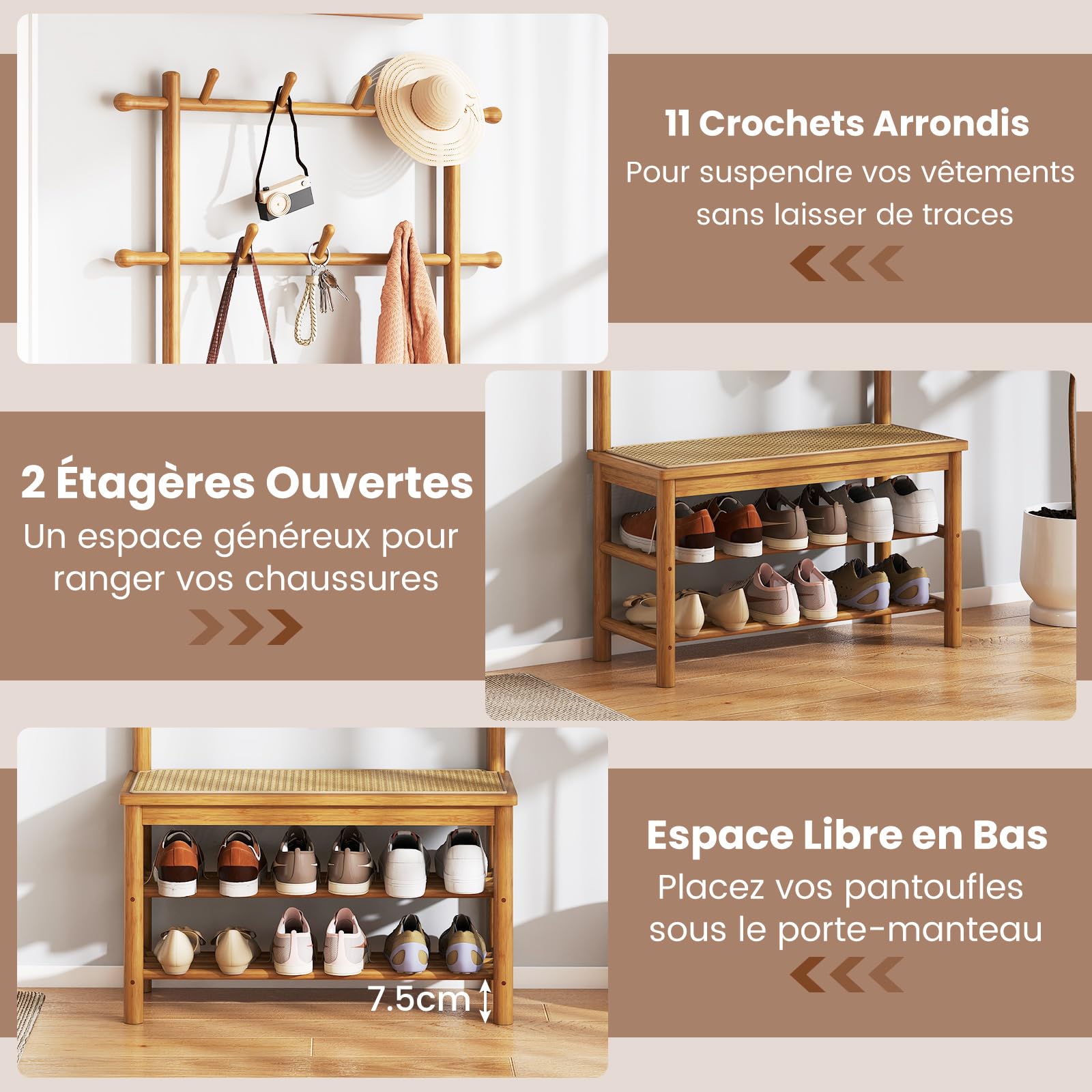 Meuble entrée vestiaire panneau porte-manteau miroir banc chaussures 6 crochets étagère réglable | Leroy Merlin