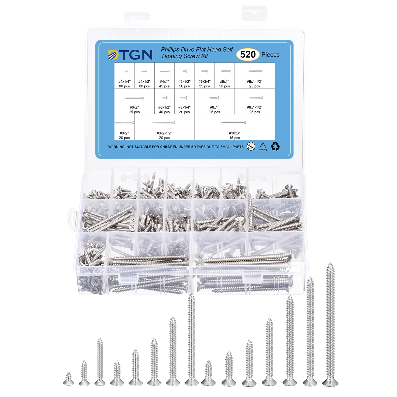 DTGN 525Pcs Wood Screws Assortment Kit - 15 Sizes 304 Stainless Steel #4#6#8#10 Phillips Flat Head Self Tapping Screws - for Woodworking, Furniture