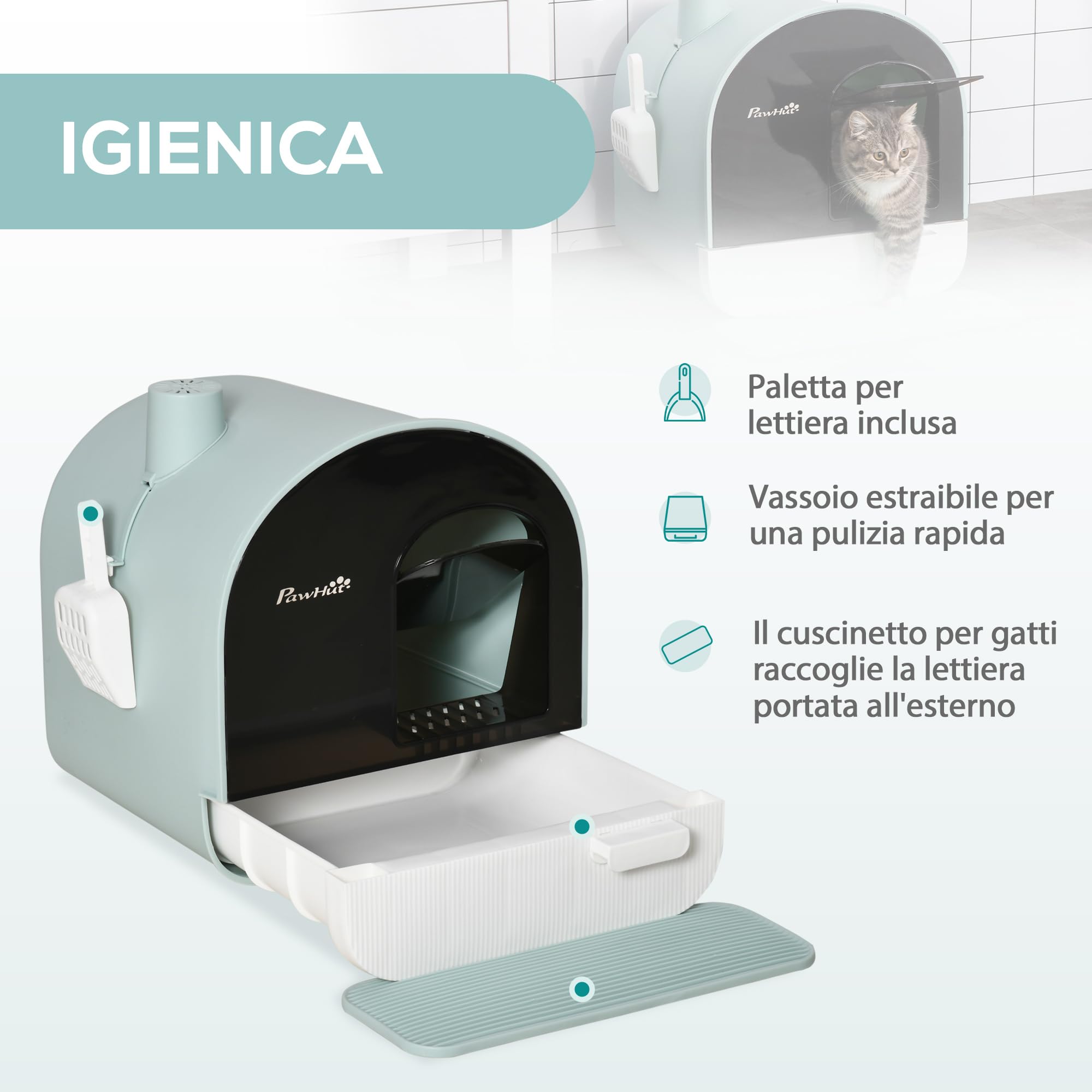 PawHut Lettiera per Gatti Chiusa, Casetta con Vassoio Estraibile, Paletta, Porta e Filtri Antiodore, Toilette per Gatti Antipertita con Tappetino, Verde, Bianco e Nero