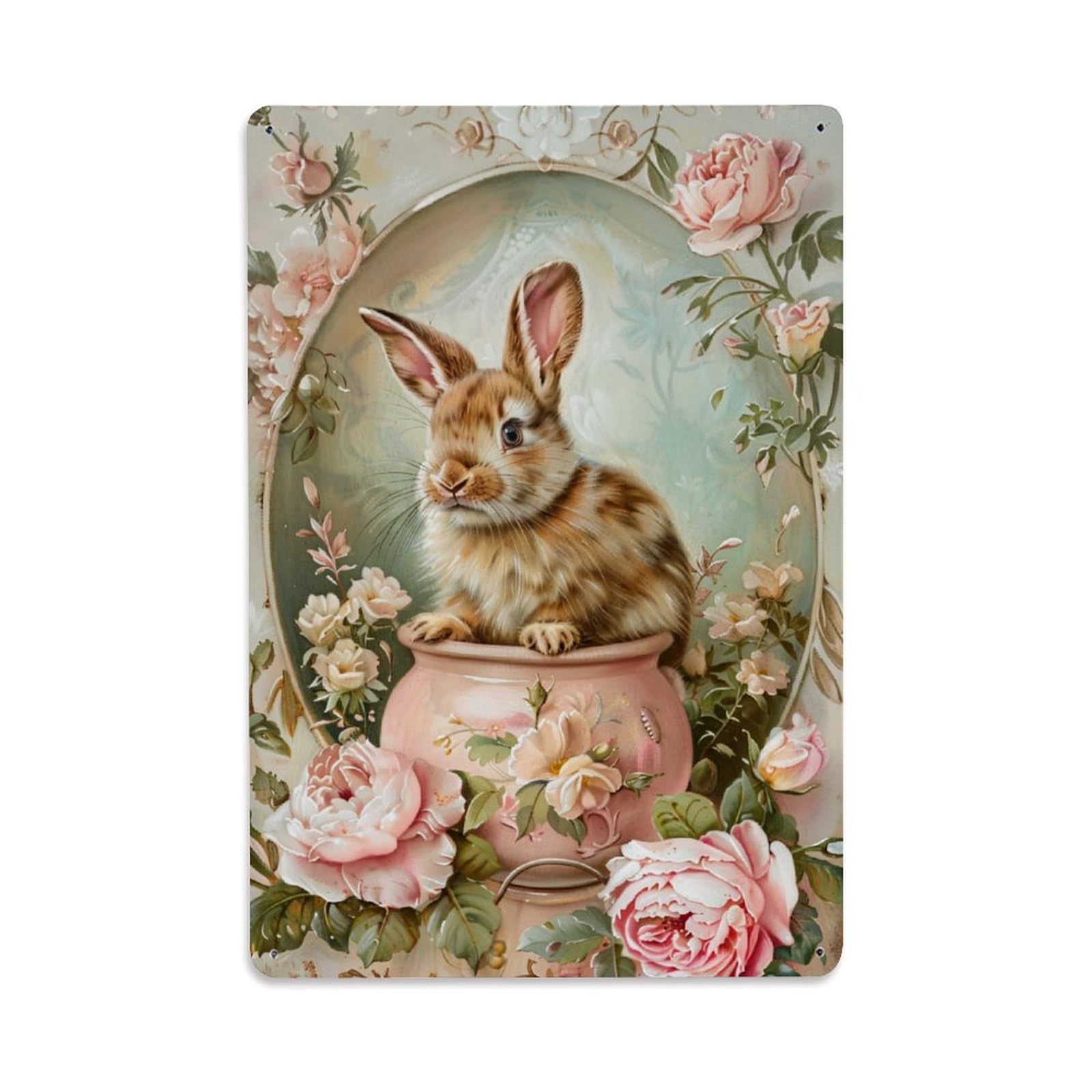 Jdfenggu Vintage Floral Rabbit Vase Roses Pattern Retro Metal Tin Sign, Decor Art Poster For Bar, Home, Man Cave, Kitchen, Laundry Room Gift 8X12inch