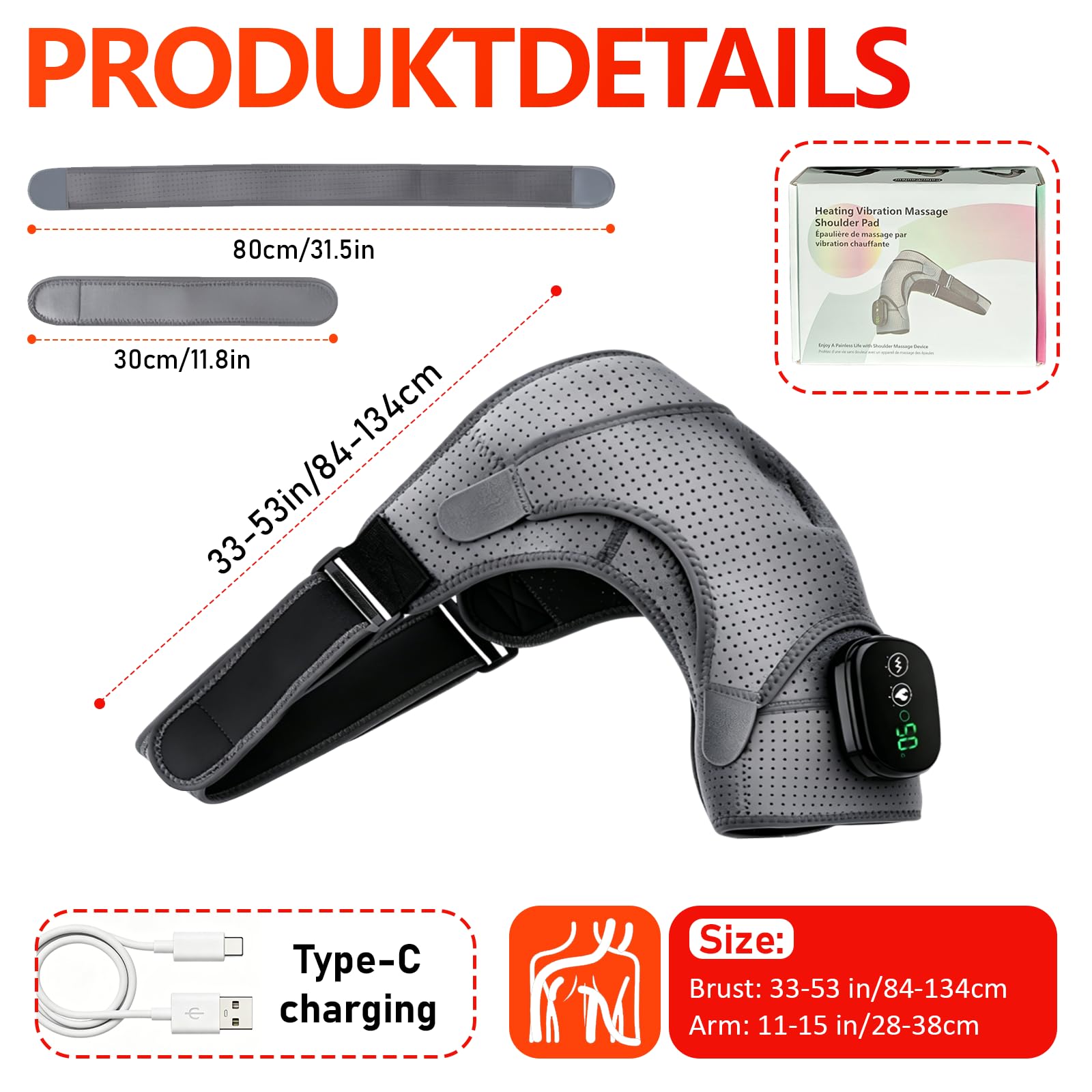 Triple Methode Schultermassager,Schulterheizungspolster mit 3 Heizungsstufen und 3 Vibrationsmodi,wiederaufladbares Schulter-Heizkissen, für Männer und Frauen