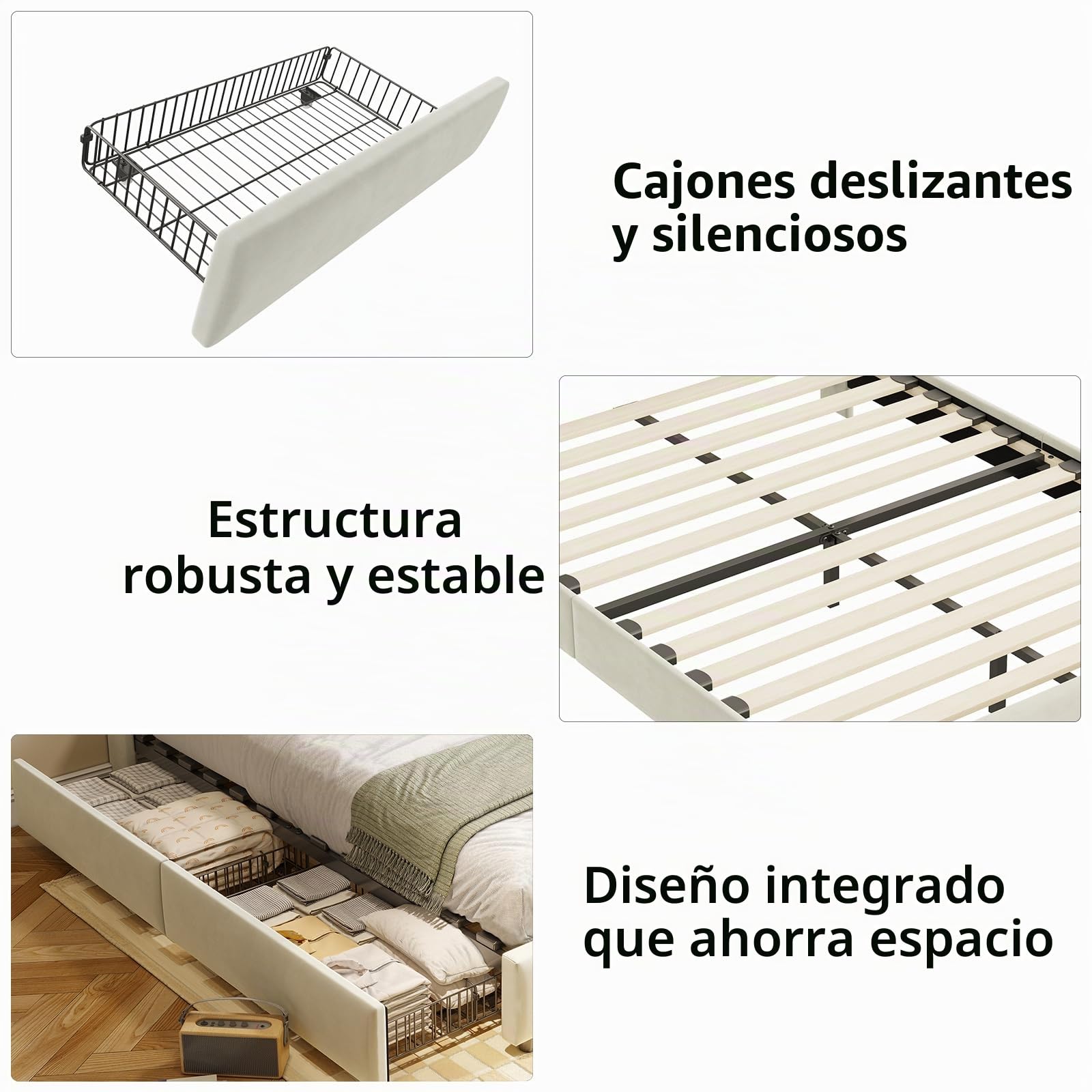 Cama de Matrimonio 160x200 cm con 4 Cajones, Cama Queen Size Tapizada con Luces LED, Puerto Type-C y Cabecero Moderno, Estructura de Cama con Somier, Beige (Sin Colchón)