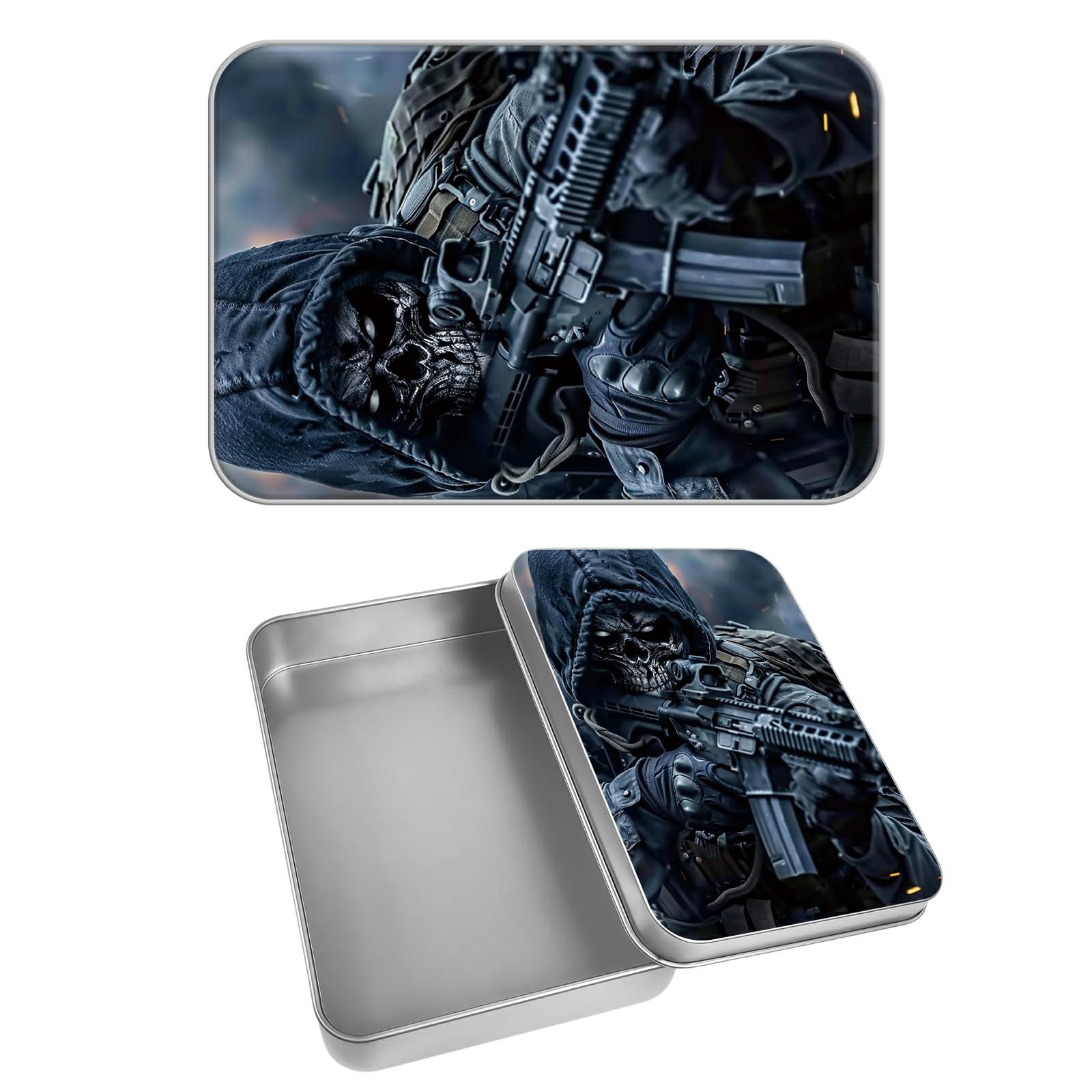 Rectangular Metal Tin Box with Removable Lid, Ghost Warrior Decorative Printed Metal Storage Container for Cash Ticket Credit Card Check 3.46 x 2.36 x 0.7 inch– Single Pack