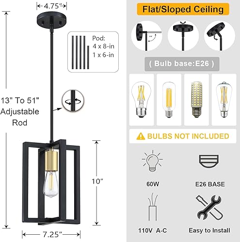 Miniatura 2 de Paquete de 3 lámparas colgantes de 1 lámpara industrial para isla de cocina, casa de campo, rústico, vintage, acabado negro y dorado, accesorio para
