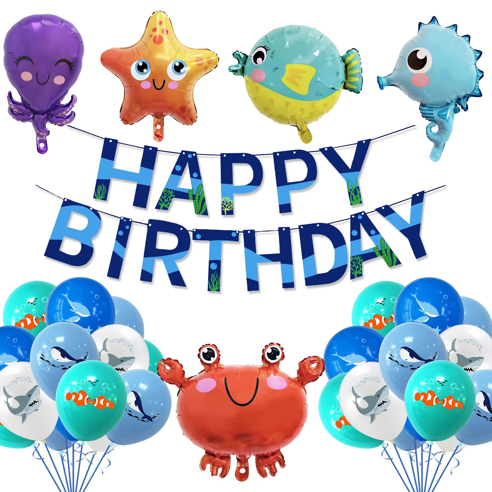 CIOUYAOS Under The Sea Party Decorations Kit, Party Supplies Ocean Theme 26pcs Balloons Banner set, Blue Marine Animal Dolphin Octopus Clown Fish Foil Balloons For 1st 2nd Boys Girls Kids Birthday