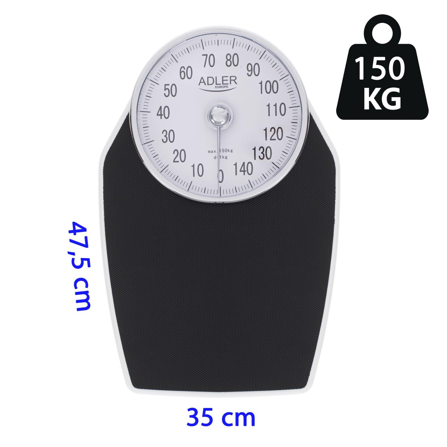 Adler AD8177 Báscula de Baño Analógica Mecánica, Profesional 150 Kg, Gran Precisión, Superficie Antideslizante, no Digital, Fácil de Usar, sin Pilas, Metal