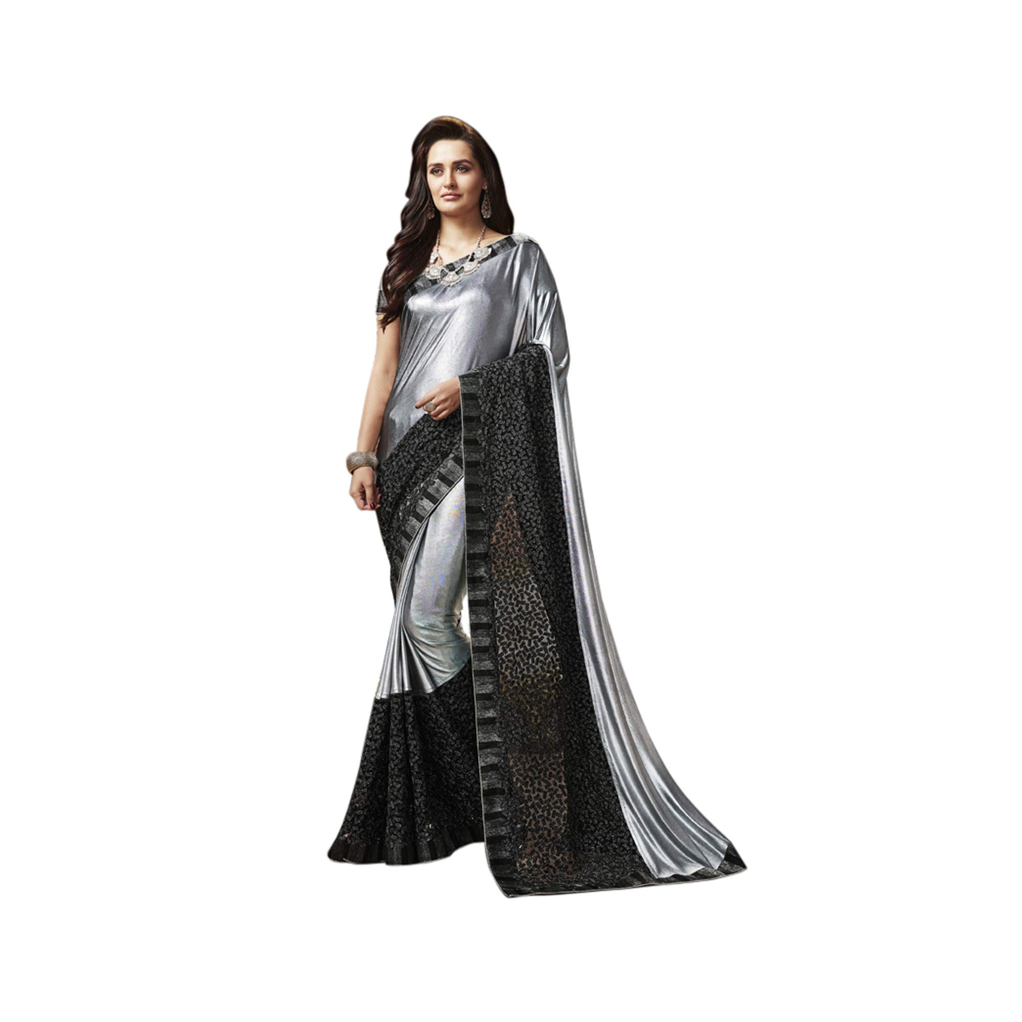 Neel Madhav Enterprise Net Saree With Blouse Piece (N-9910_Grey, Black_Free Size)