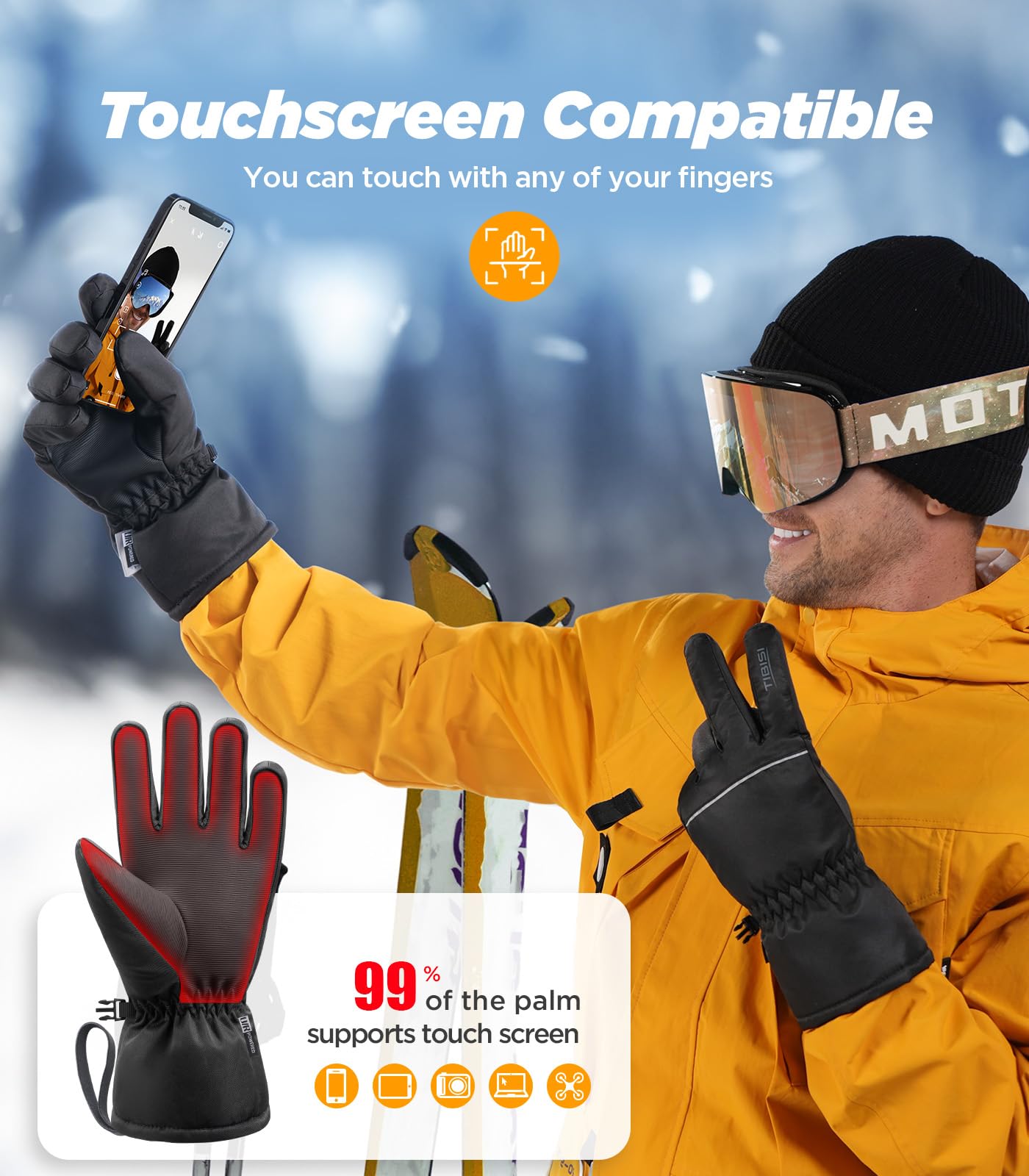 TIBISI 3M Thinsulate - Guanti termici invernali da sci, unisex, per touch screen, impermeabili, antivento, per sci, corsa, ciclismo, escursionismo
