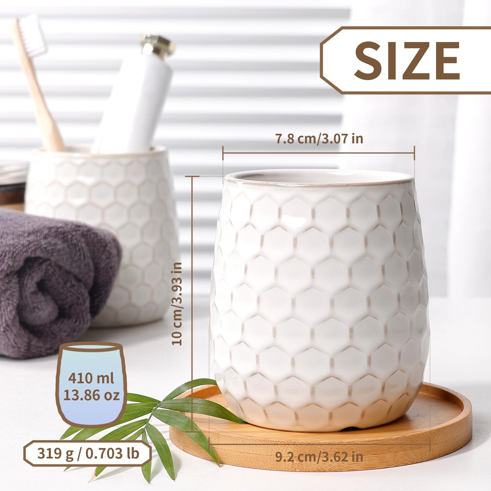ANTIS'S HOME Zahnputzbecher Keramik 410ml – Badezimmerbecher & Mundspülbecher für Zahnpasta, Weiß Moderner Zahnbürstenbecher mit 3D-Wabenstruktur, dekoratives Badaccessoire (10 x 9,2 cm)
