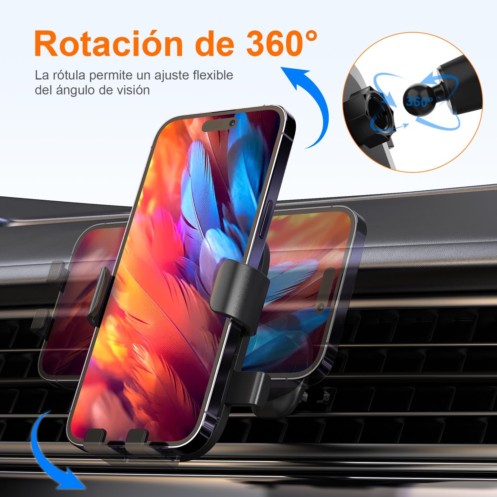 GRIFEMA Soporte Móvil Coche para Rejilla de Ventilación con Cierre Automático, Rotación 360°, Uso con Una Mano, Compatible con Teléfonos de 4,7 a 7 Pulgadas con Funda​​ — view 5