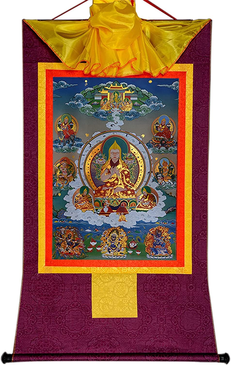 Thangka tibetana de Je Tsongkhapa en brocado morado mediano de 62x47 cm para altar