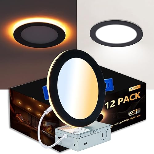 CycevSun Paquete de 12 luces LED negras empotrables de 8 pulgadas con luz nocturna, lámpara de techo de oblea de 8 pulgadas, ultra delgada,