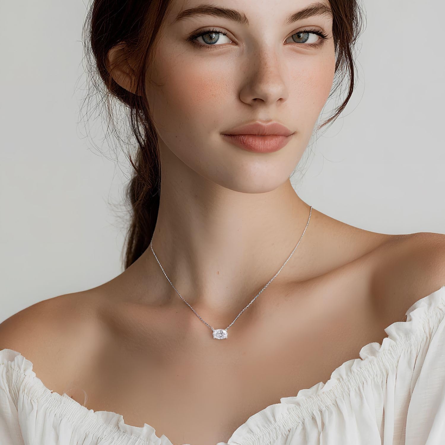 Sterling Silver Necklace for Women Solitaire Oval Pendant Neckalce Dainty Sparkling Cubic Zirconia Necklaces for Women Silver Jewelry Gifts - Image 2