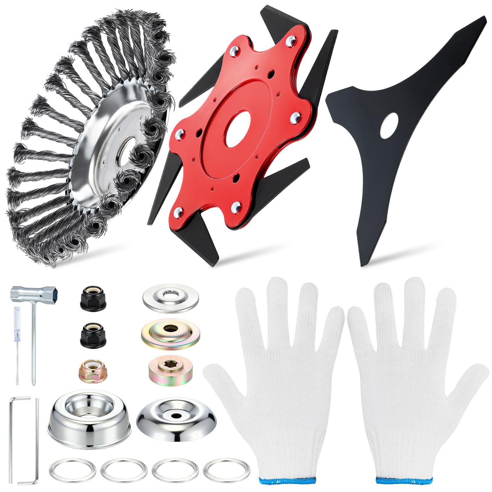 Threlaco Juego de 6 dientes de acero y 3 dientes de cepillo de cuchillas giratorias, guantes de metal, herramientas de corte de césped para accesorios de corte (rojo, 10 x 3 + 6 + 8 pulgadas)