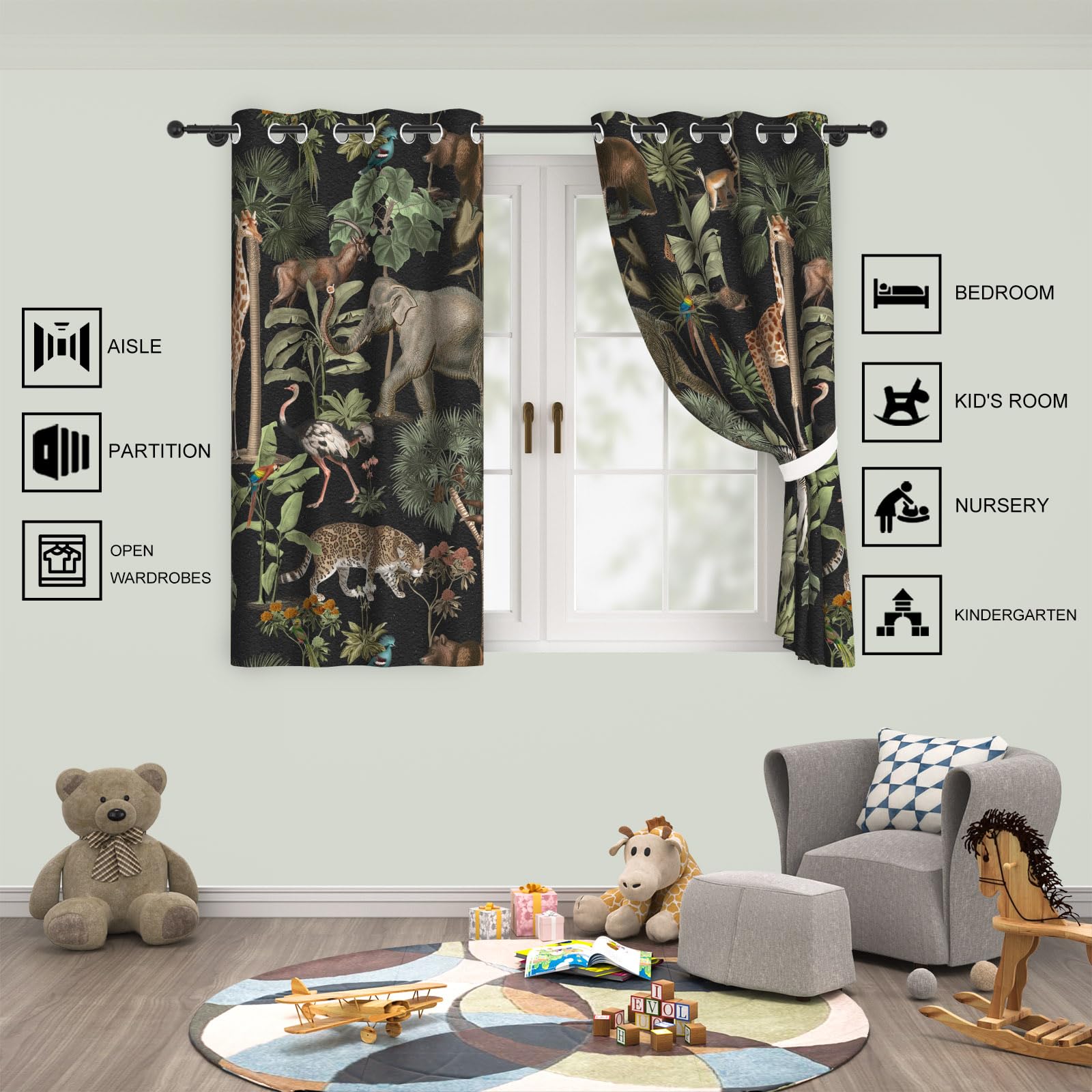 YONGFOTO Cortinas Safari Jungla Animales Salvajes Tropicales Elefante Jirafa Zoo Cortinas Opacas con Ojales para Habitación Infantil Dormitorio 2 Paneles 117 x 229 cm