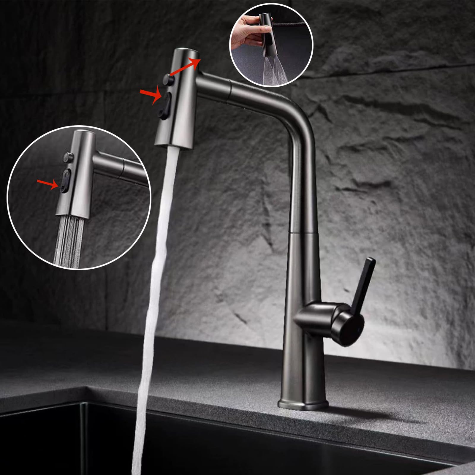 BiaoTeng Grifo Monomando Cocina Filtro Extraible 3 Salidas Giratorio 360 Grados agua Fría y Caliente Grifo Cocina Extraible Laton Gris