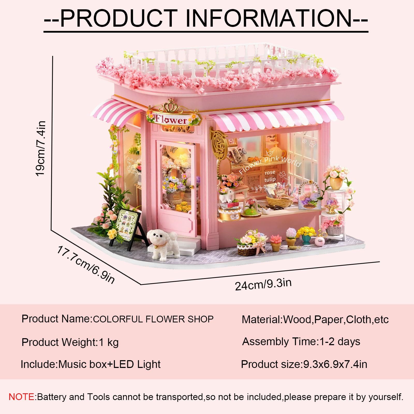 CUTEROOM DIY Zestaw do budowy domku dla lalek z drewna – Kreatywny miniaturowy zestaw domków dla lalek dla dorosłych – Flower Pink World Design