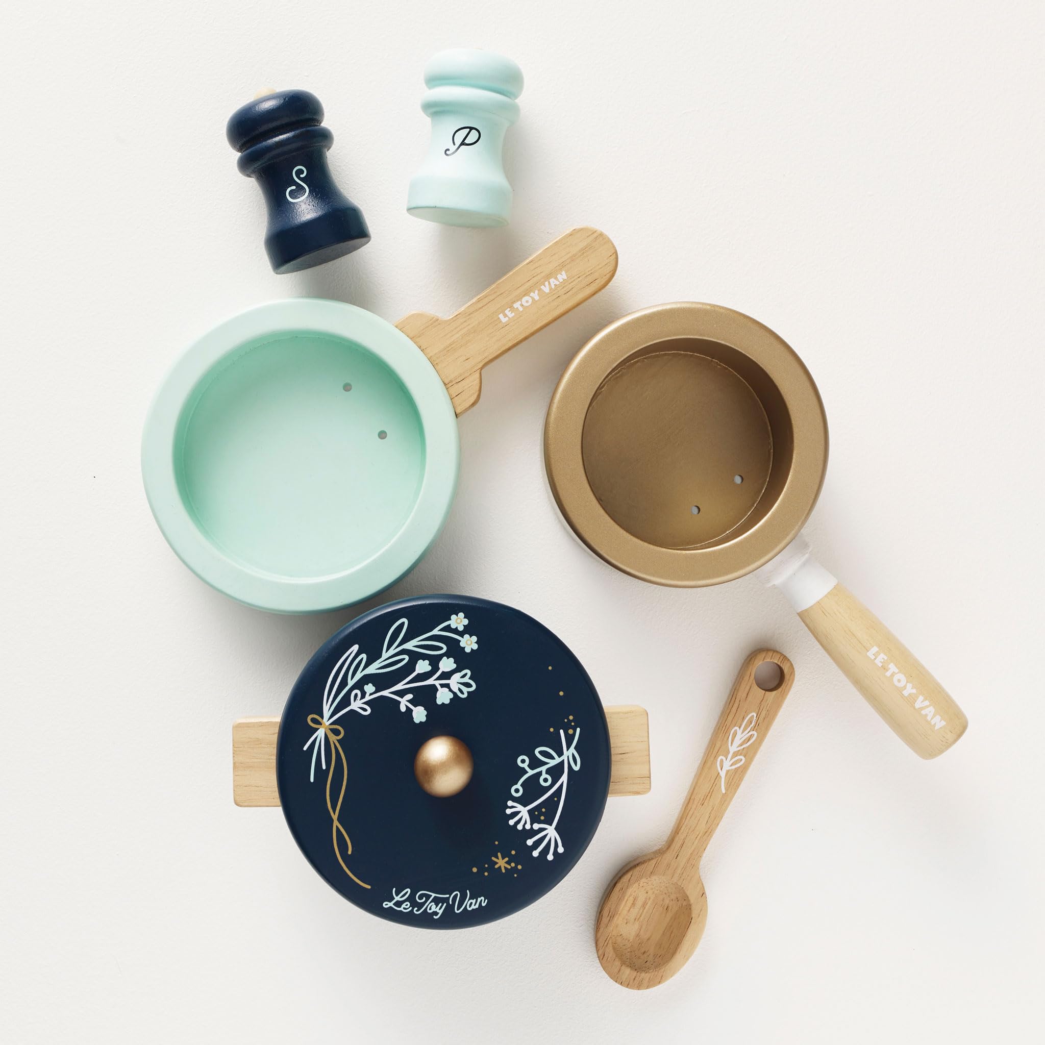 Le Toy Van Topf- und Pfannen-Set, Lernspiel für Kinder AB 2 Jahren, aus FSC-zertifiziertem Holz, ökologisches Spielzeug, Montessori, 7-teilig, Küchenset, plastikfrei