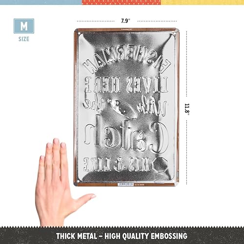 Nostalgic-Art Letrero de lata retro, 7.9 x 11.8 pulgadas, Fisherman Catch Idea de regalo para los fanáticos de la pesca, hecho de metal, diseño