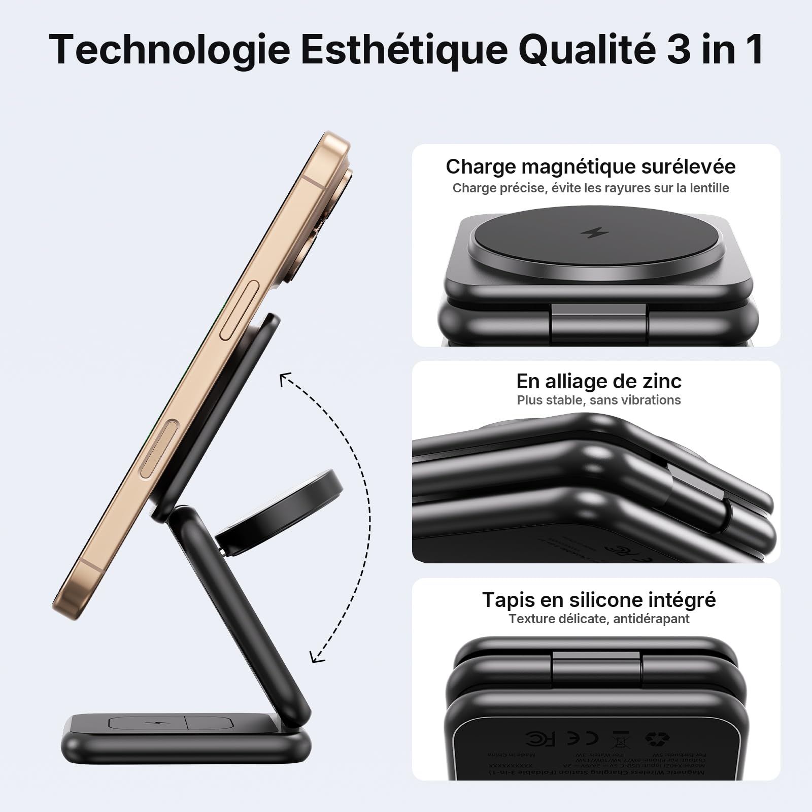 sans Fil Chargeur Induction, 3 en 1 Chargeur Magnétique [Alliage Zinc] Pliable Voyage Station de Charge for Apple iPhone 16/15/14/13/12/Pro/Max/Plus Apple Watch AirPods, Noir