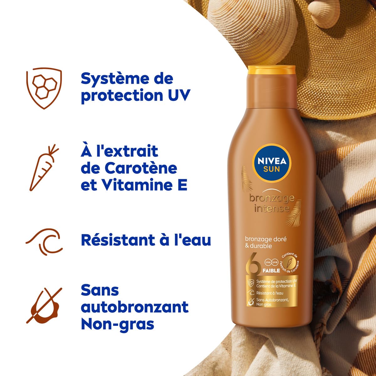 NIVEA SUN - Lait Solaire Bronzage Intense FPS 6 - Protection & Teint Hâlé - Extrait De Carotène & Vitamine E - Sans Autobronzant - Formule Légère & Non Grasse - Peaux Normales - 200 ml