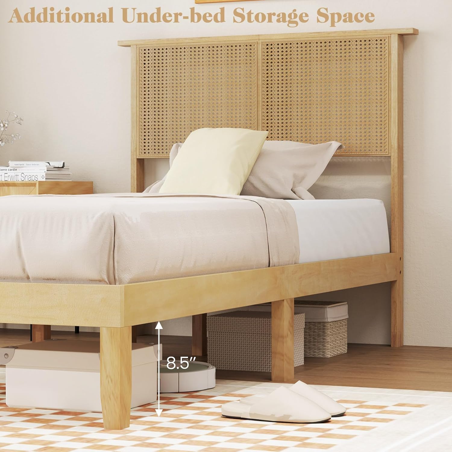 Giantex Rattan Twin Bed Frame with Headboard, Boho Solid Wood Platform Bed with Wooden Foundation & Slats, Underneath Storage Space, Twin Bed Frames for Kids Adults, No Box Spring Needed, Natural