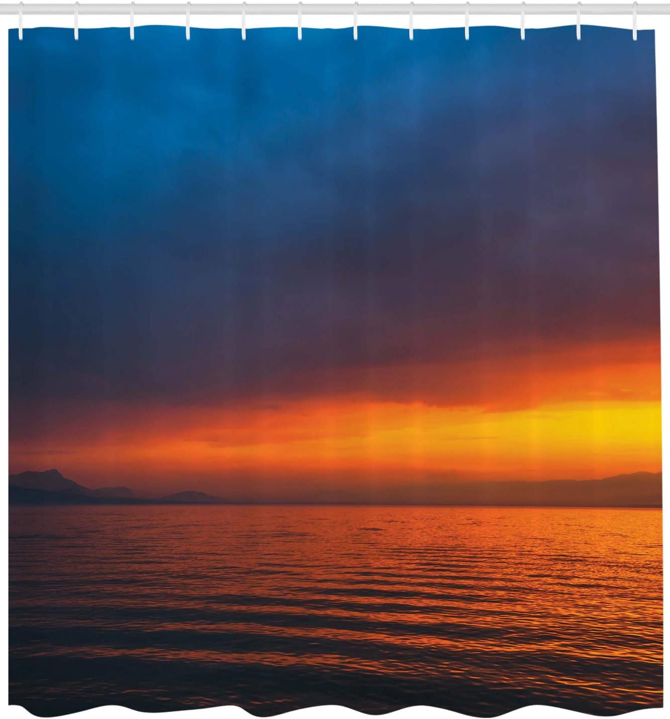 Ambesonne Seascape Shower Curtain, Sunset Over The Lake Dusk Cloudy Sky Calm Evening Water Reflection Waves, Cloth Fabric Bathroom Decor Set with Hooks, 69" W x 75" L, Blue Petrol