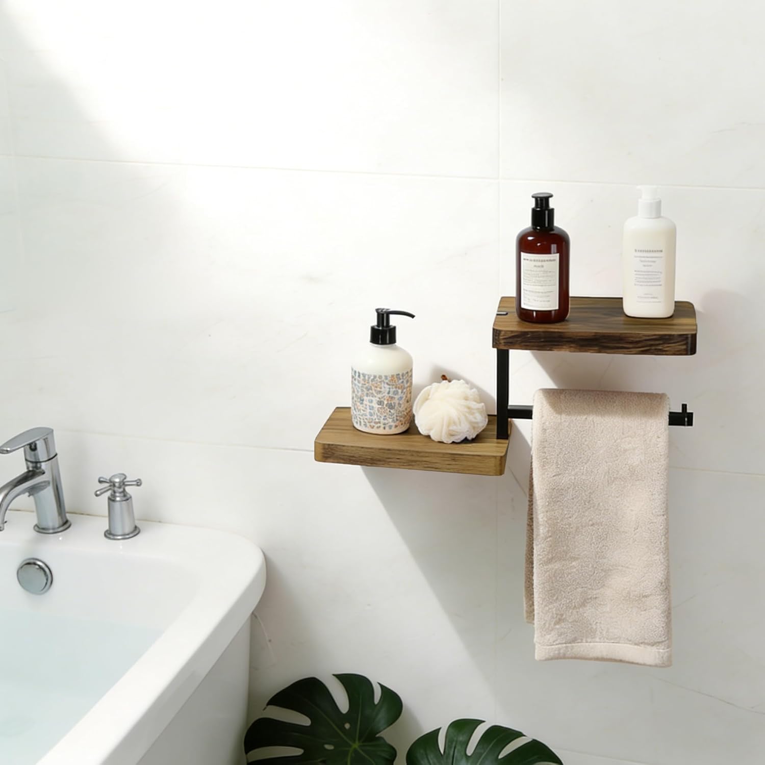 YIGII Toilet Roll Holder with Shelf, Wall Mounted Wooden Toilet Roll Holder