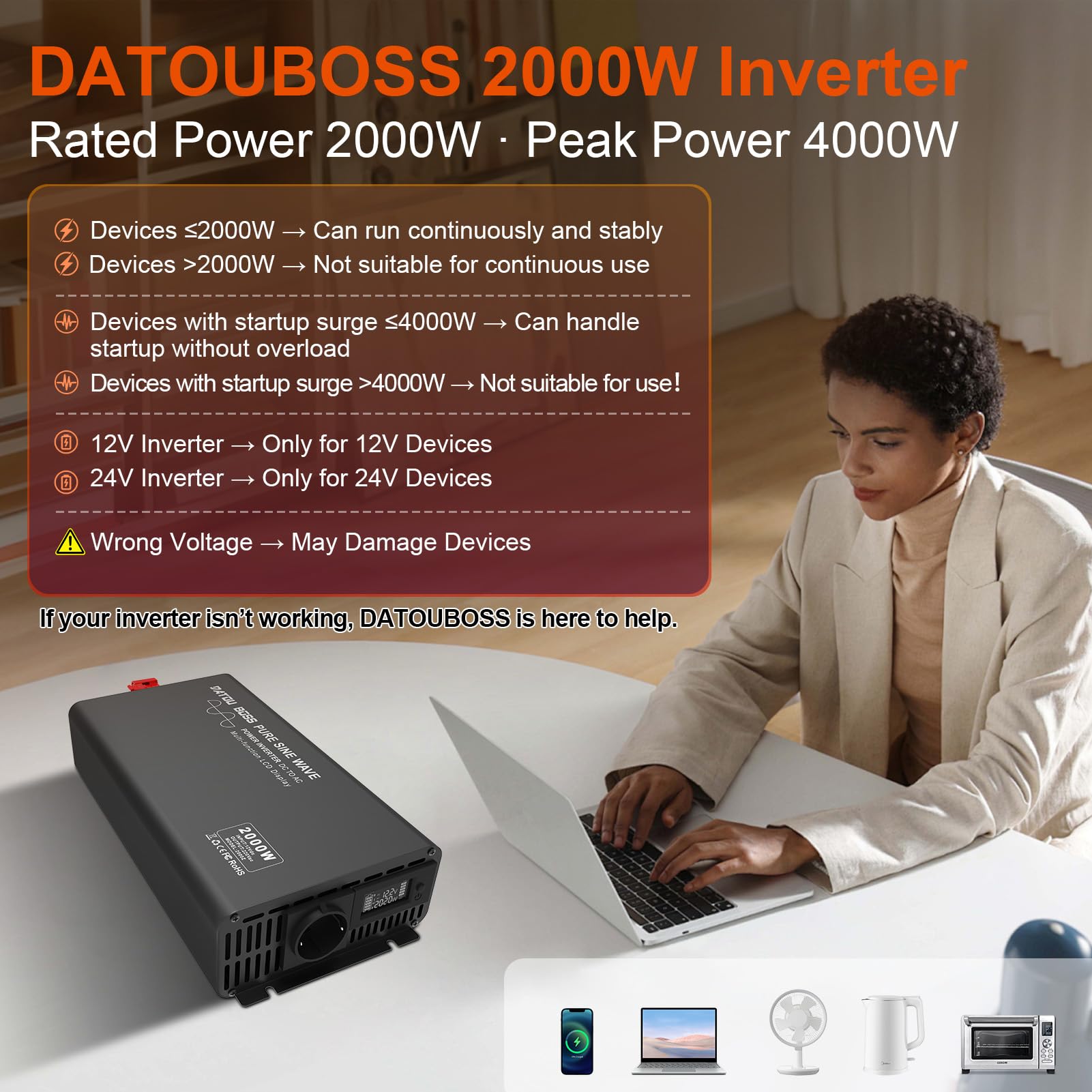 DATOUBOSS 2000W/4000W Inversor 12V 220V Onda Pura, inversor 12v a 220v Convertidor Onda con Control Remoto Inalámbrico, 1 AC Tomas，Pantalla Digital, Adecuado para Coches, Caravanas, Barcos y Acampada