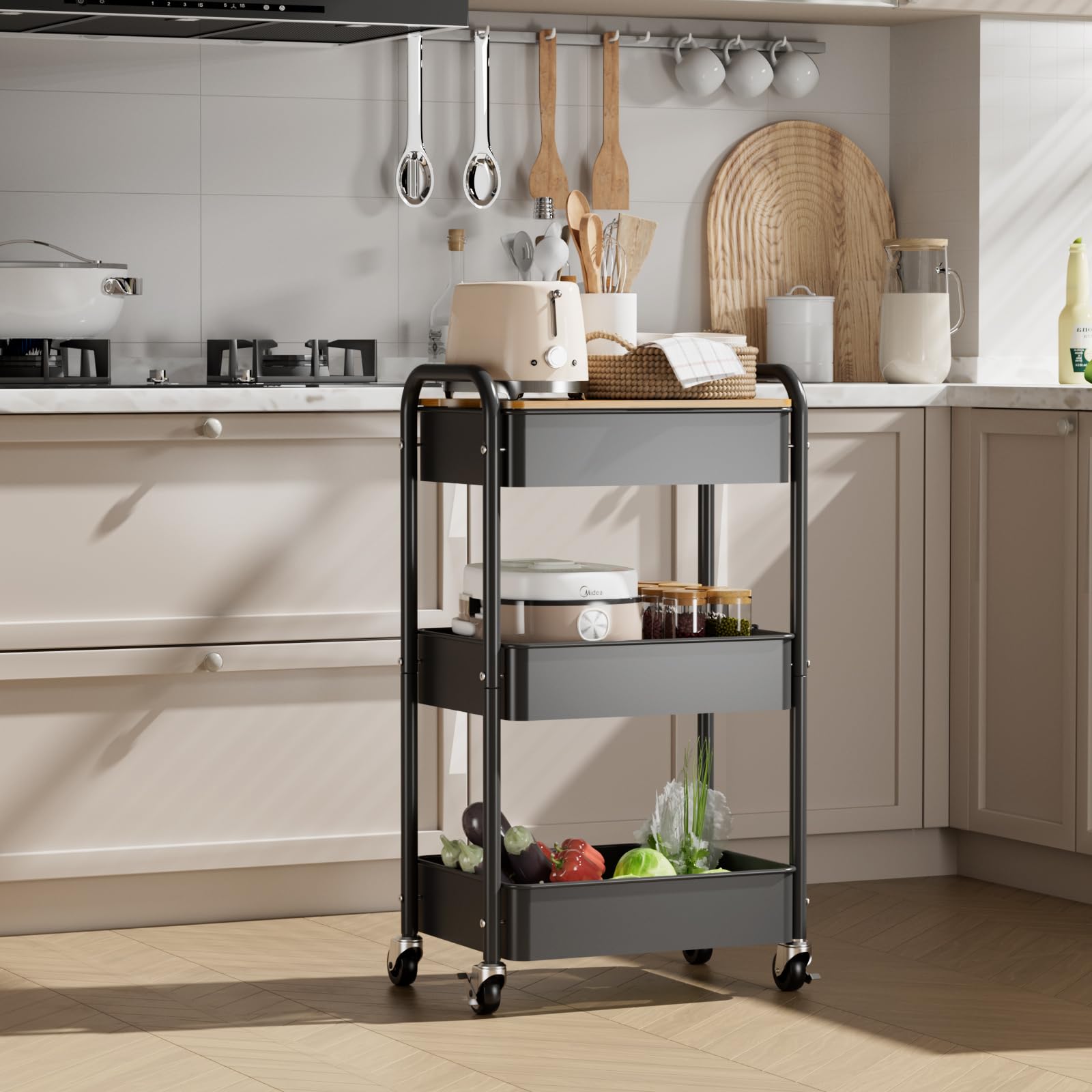 Carrito con Ruedas de 3 Niveles con Mesa, Carrito de Servir, Carrito Multiusos de Metal, Estante con Ruedas, Organizador, Estante de Cocina, Carrito Multiusos Estable para Cocina(Negro)