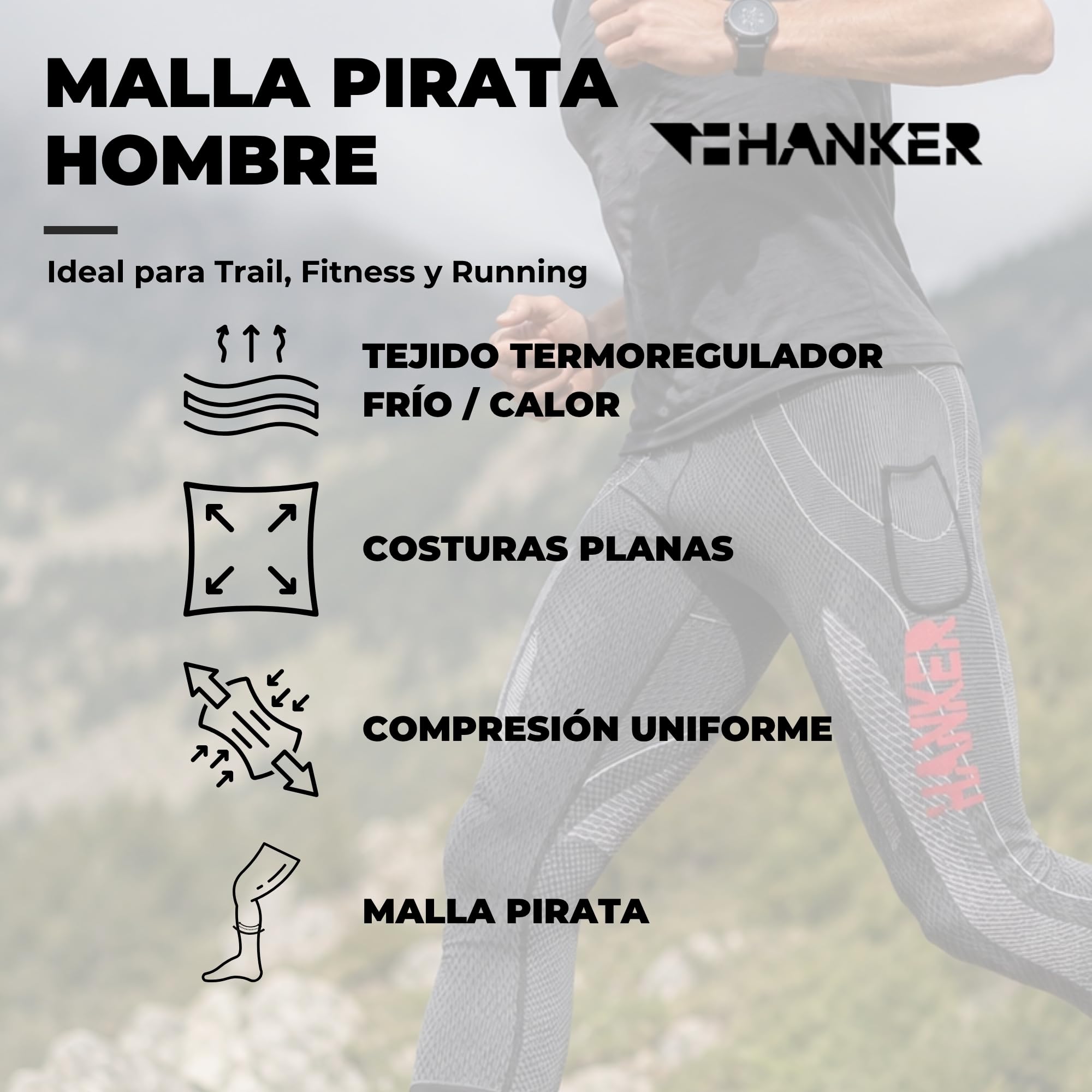 HANKER Mallas de Compresión para Hombre Pirata 3/4 Running Trail y Fitness con Bolsillos Grandes y Costuras Planas
