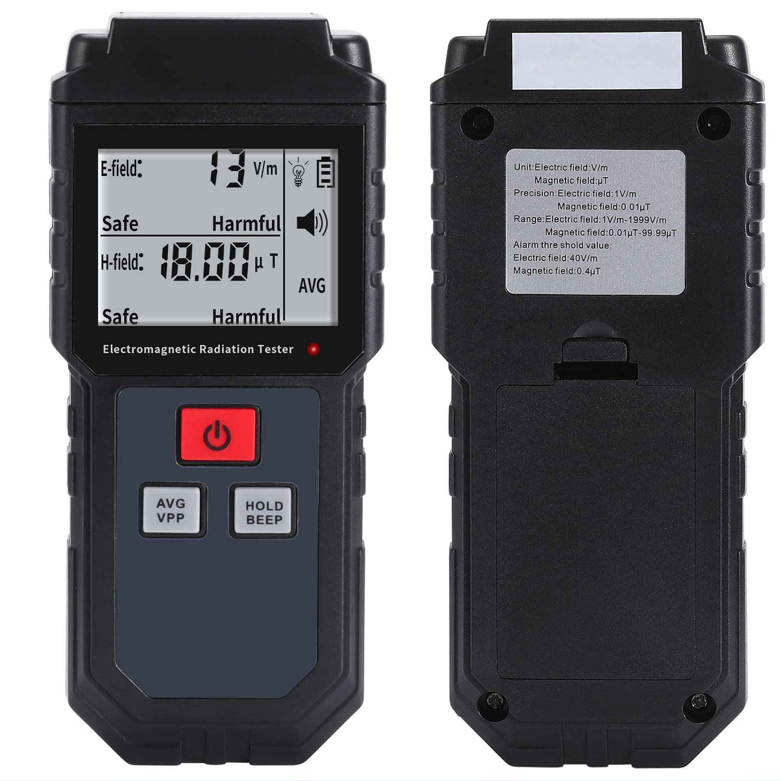 KASTWAVE EMF Meter, Portable Digital Radiation Detector, Handheld EMF Detector for Home/Outdoor, Electric/Magnetic Field/Ghost Detector - LED Light & Sound Alarm Black (1-1999V/m, 0.01-99.99μT)