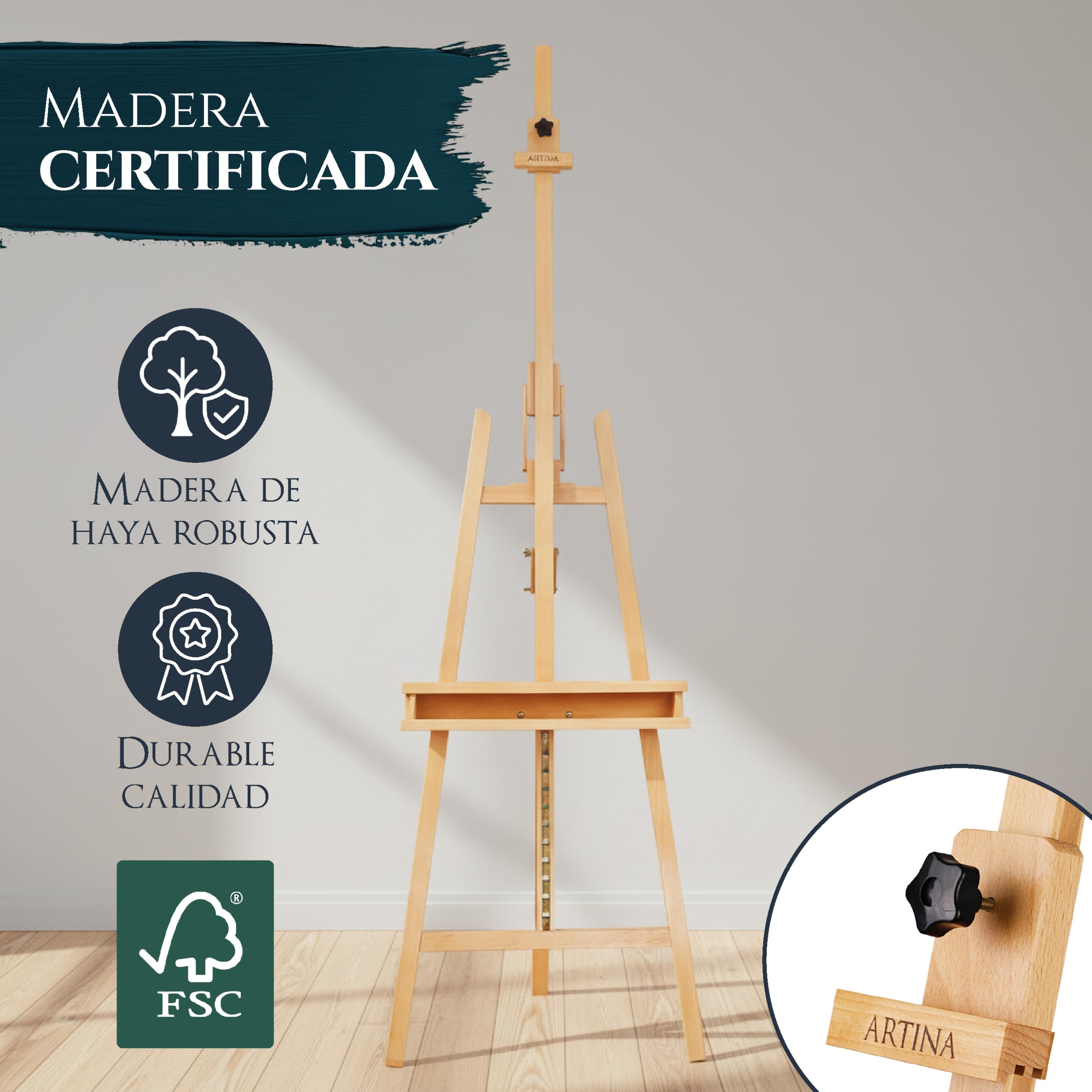 Artina – Kit de pintura 30 piezas con caballete de madera Barcelona + bastidores set Santorini – Set de acrílicos, pinceles y lienzos hasta 120cm, para iniciación y artistas aficionados