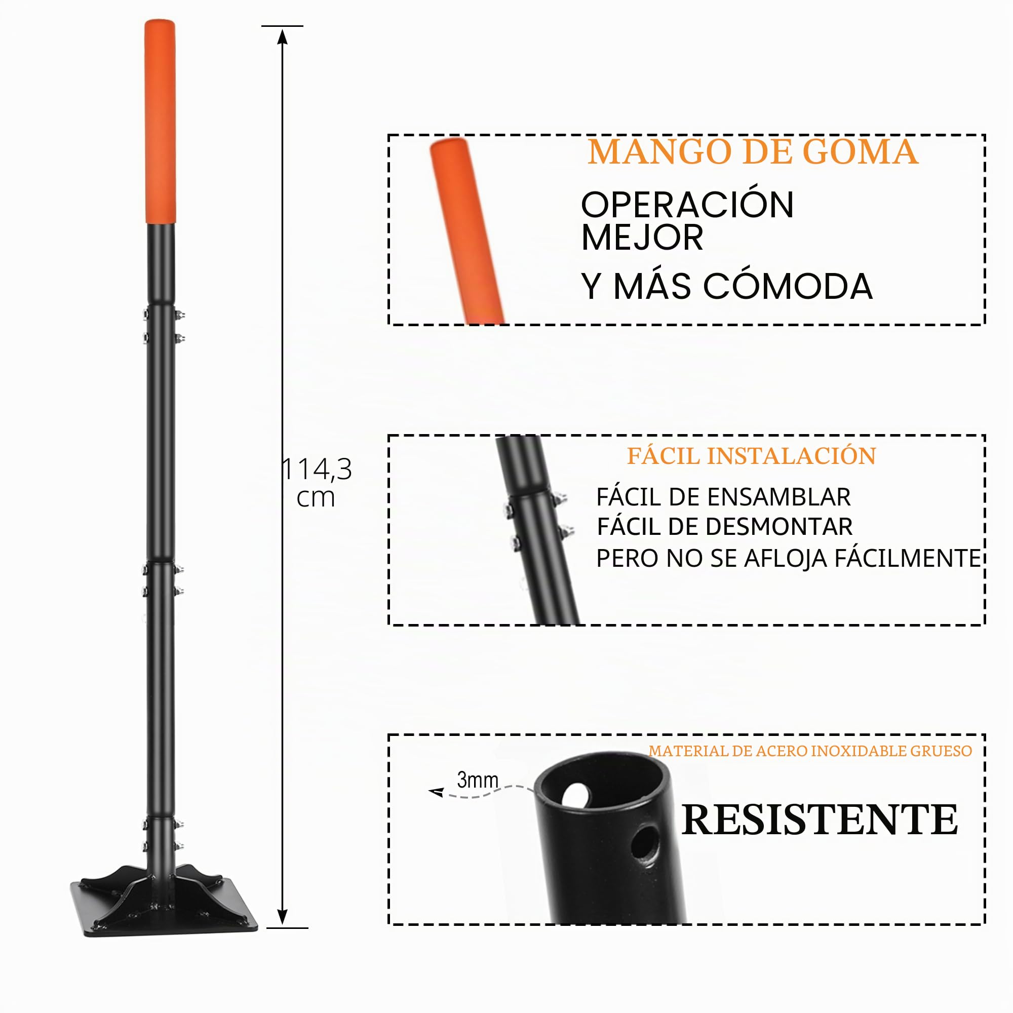 YEELOR Manipulador de suelo de acero 8x8 pulgadas, mango largo 45 pulgadas con agarre de goma, ideal para nivelar jardín, grava y colocar baldosas