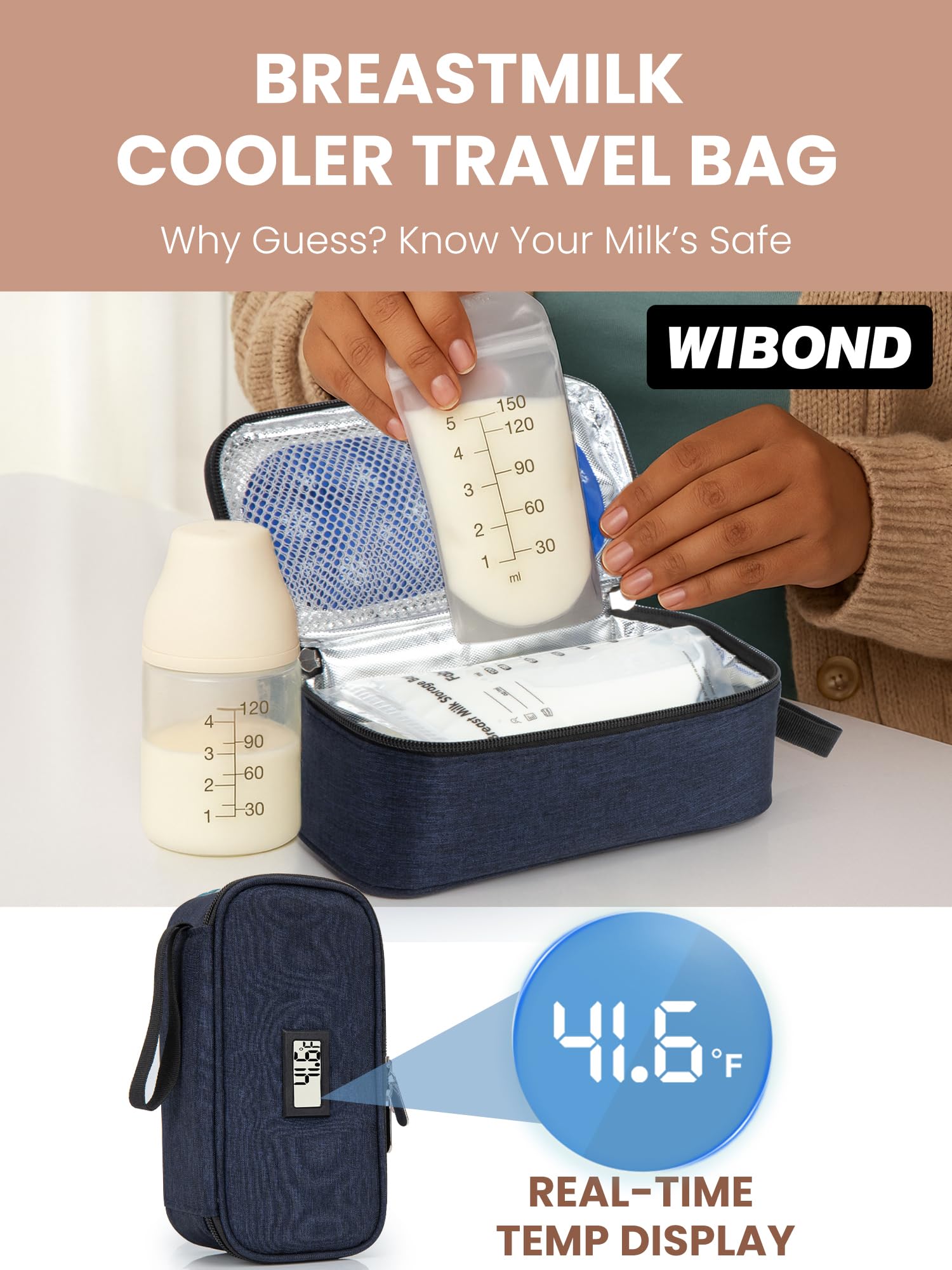 WIBOND Breast Milk Bag, Real-Time Temperature Display Cooler Travel, Holds 4-6 Breastmilk Storage Bag with 2 Ice Pack - Image 2