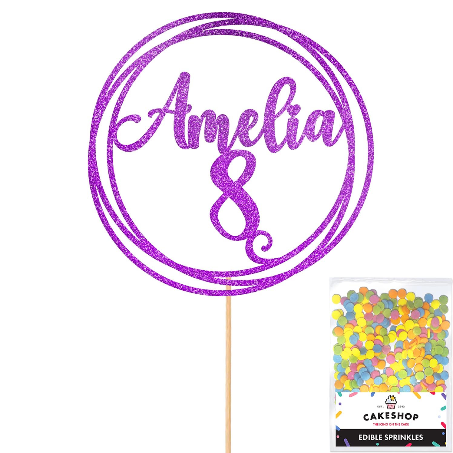 Personalised Round Happy Birthday Glitter Cake Topper - Purple Any Custom Age & Name Glitter Cake Decoration and Sprinkles - Happy Birthday Decorations - Personalised Toppers for Cakes by Cakeshop