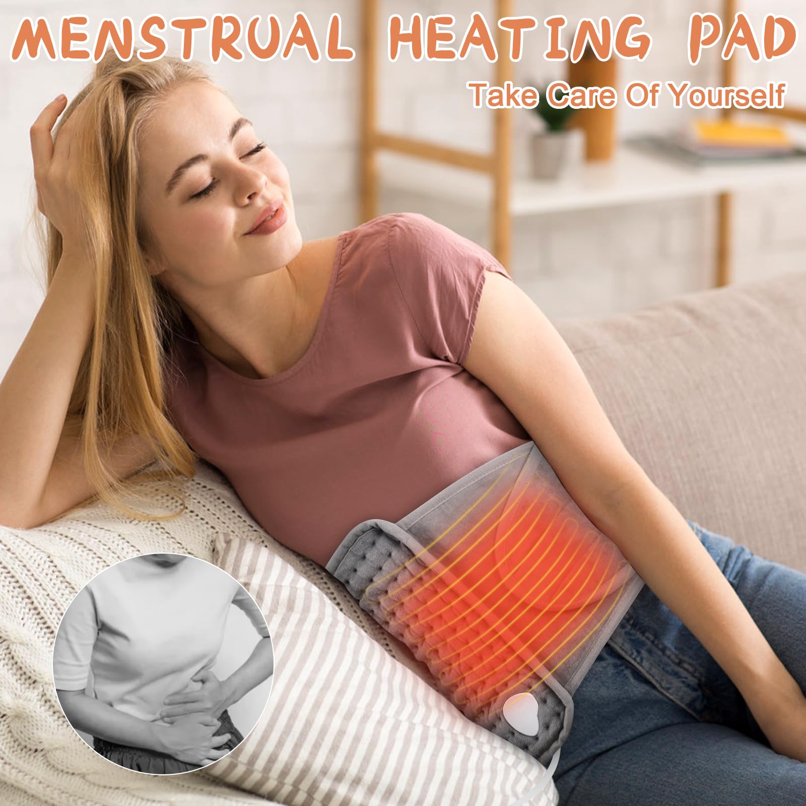 Ceinture Chauffante Lombaire 125x30cm Coussin Chauffant Electrique, Lombaire 9 Niveaux de Température et Arrêt Automatique Lavable Ceinture Chauffante avec Velcro Pour Dos Cervicales Abdomen Gris