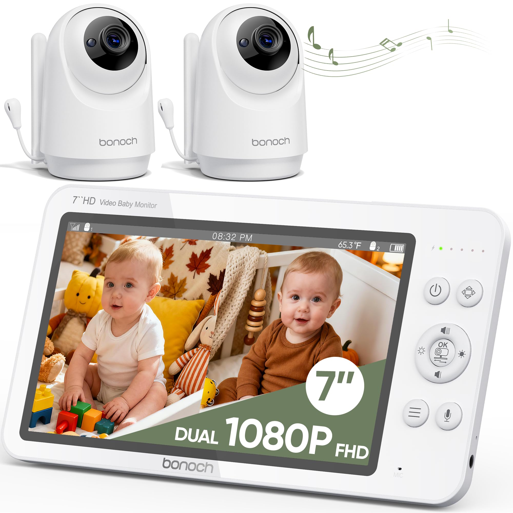 Upgraded 1080P Baby Monitor with 2 Cameras, 7" MegaView Split Screen Baby Monitor No WiFi, Dual Video Monitor with Camera and Audio, 6000mAh, White Noise, 2 Way Audio, PTZ, Night Vision