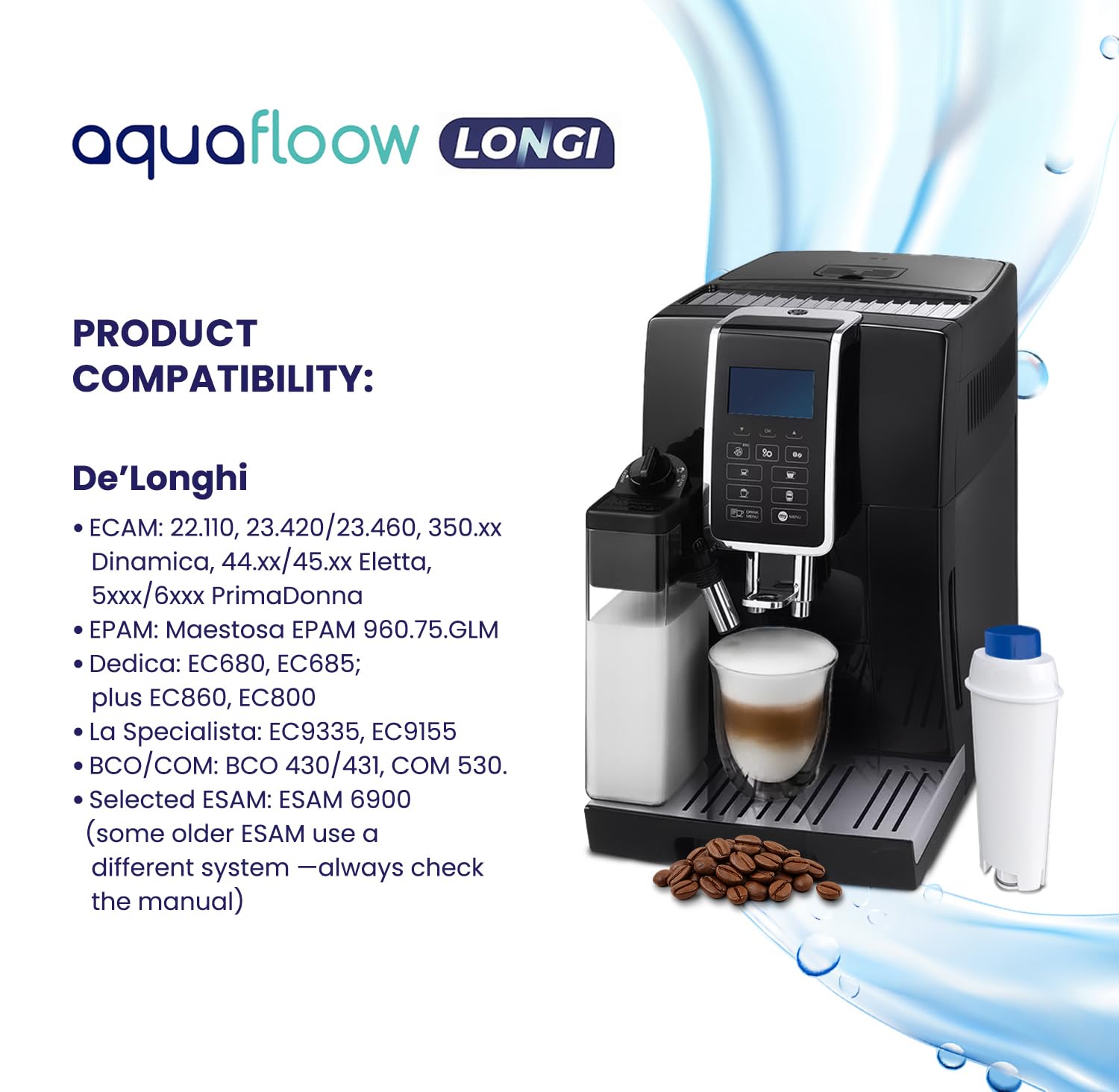 Aquafloow Filtre à Eau DLSC002 Compatible avec Machine à Café et Expresso DeLonghi® Magnifica® S, Eletta Explorer®, Dinamica®, PrimaDonna® et Série ECAM Cartouche Filtrante de Remplacement (10x)