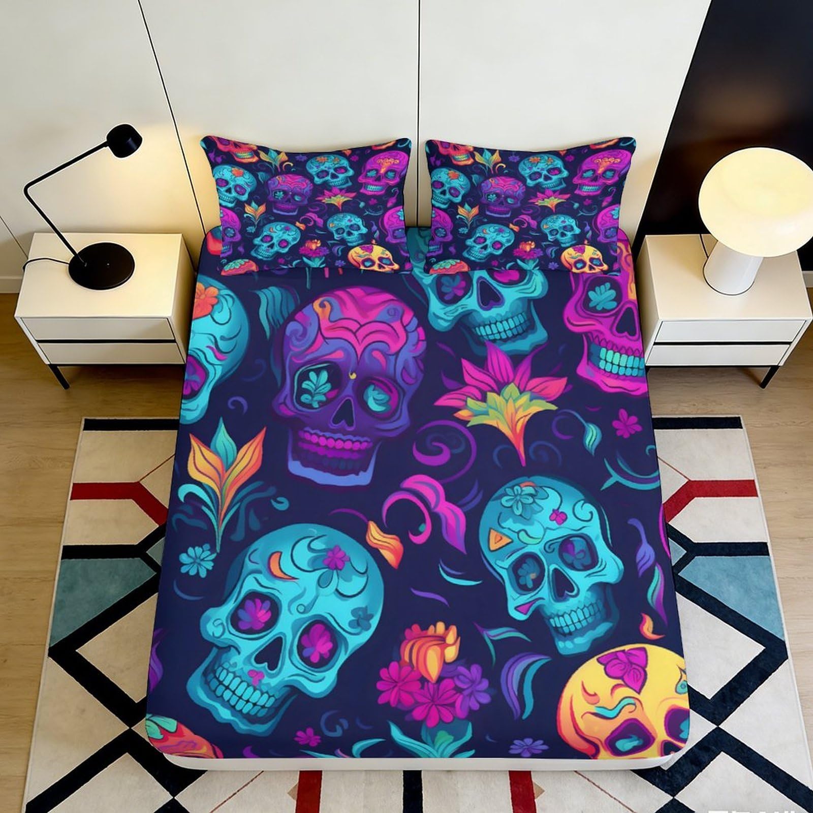 3D Printed Skull Fitted Sheet Microfiber Deep Pocket Non-Slip Bedroom Bedding Skull Mattress Fitted Cover Full Wrap 180x200x25cm