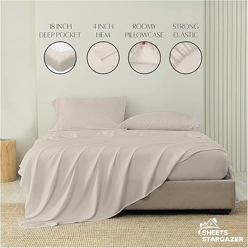 Miniatura 9 de Juego de sábanas de 1000 hilos de 4 piezas, 100% algodón egipcio, sábanas elásticas de fibra larga para hasta 18 pulgadas, bolsillo profundo extra