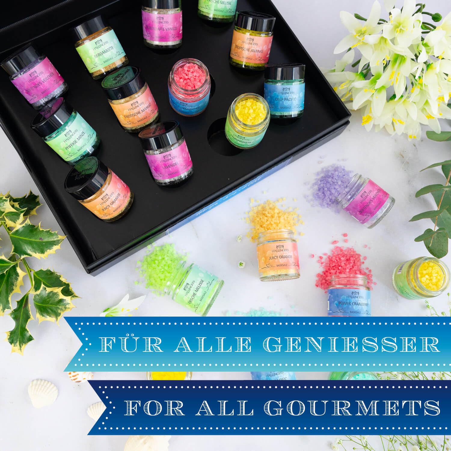 Hallingers Genuss Manufaktur Badesalze Weihnachts-Geschenk-Set - 12x Badezusatz mit Totes Meer Badesalz edle Geschenkbox, Badekristalle Fußbad & Spa "Besinnliche Wei...", Weihnachten für Frauen Männer