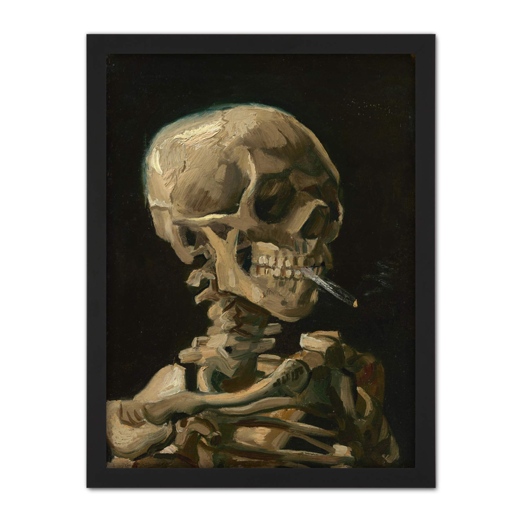 Wee Blue Coo Van Gogh Head Skeleton Burning Cigarette Artwork Framed Wall Art Print 18X24 Inch