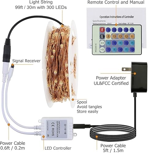 Miniatura 8 de RUICHEN - Cadena de luces LED enchufables, 300 LED, impermeable, regulable, luces de hadas con mando a distancia, alambre de cobre decorativo al