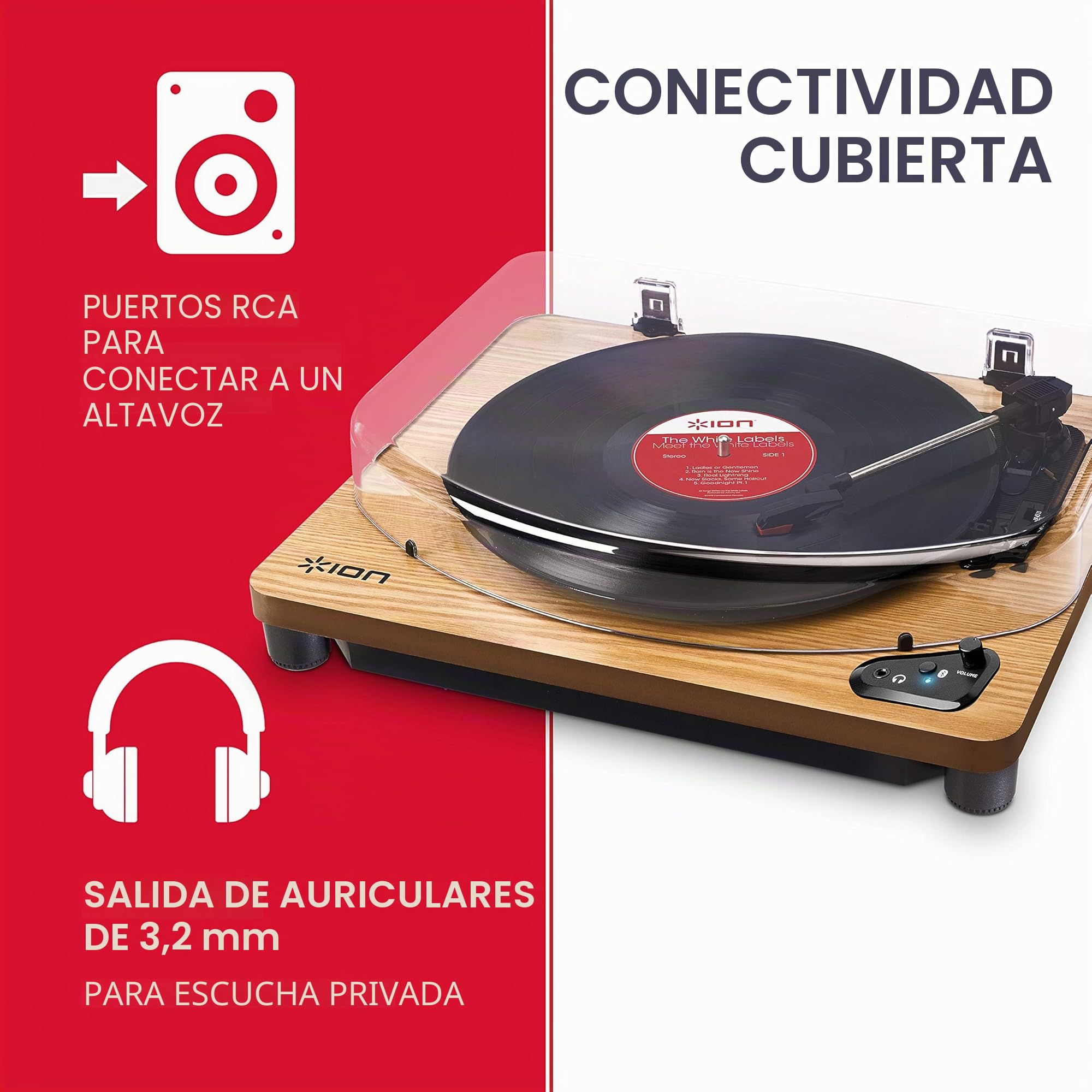 ION Audio Air LP Wood - Tocadiscos de Vinilo Bluetooth - reproducción inalámbrica y conversión de Discos de 3 velocidades - 33 1/3, 45 y 78 RPM, Acabado Madera