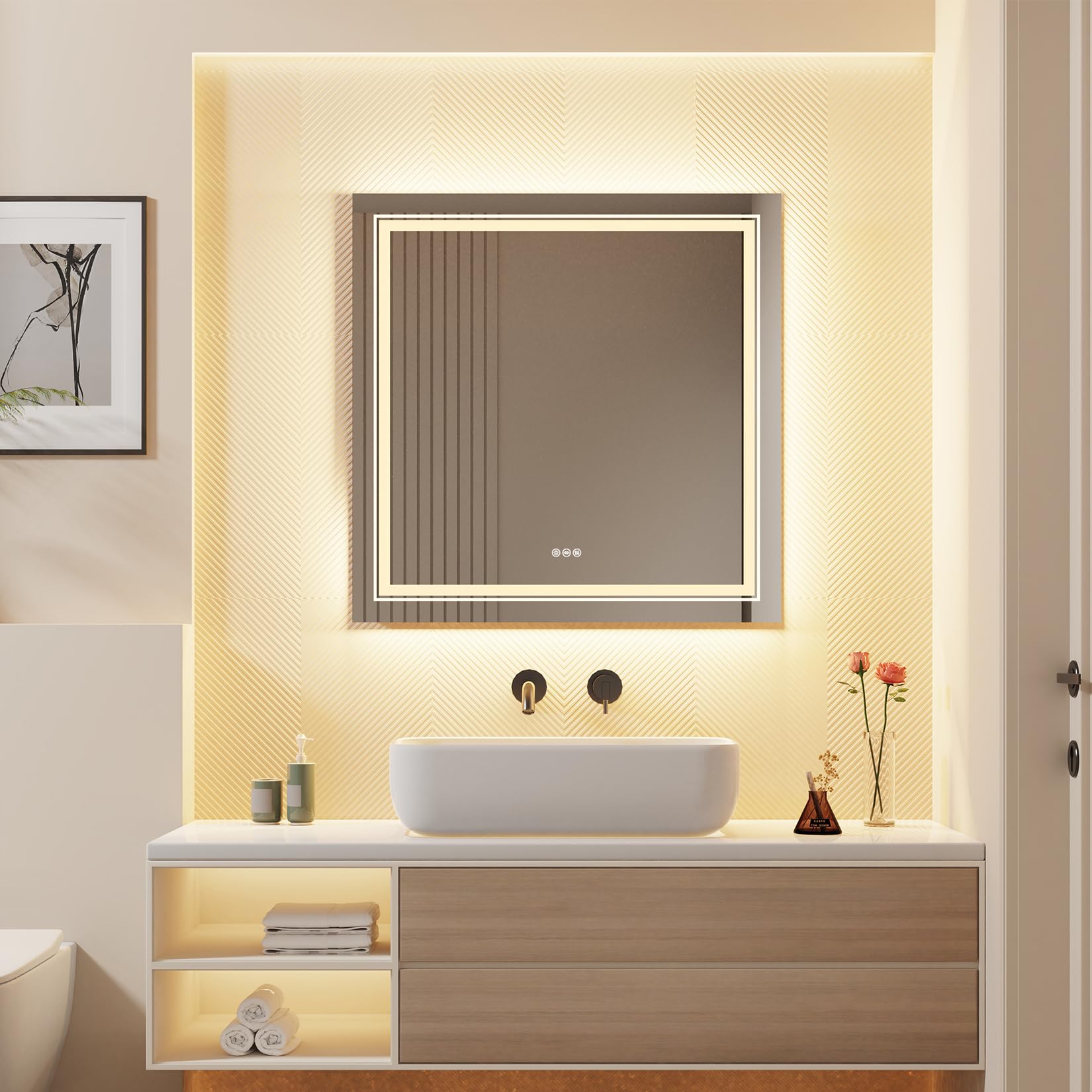 Wisfor Bathroom Mirror with LED Light: 800x800mm Square Dimmable Lighted Mirror with Smart Switch and Anti-fog Wall Mounted Vanity Makeup Mirror, 3 Changeable Colors (Backlit + Front Light)