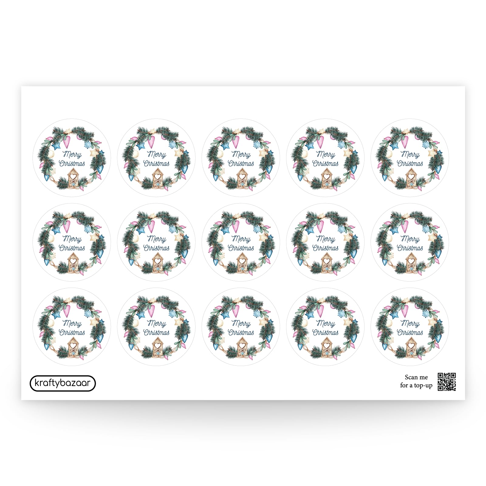 KraftyBazaar Pack of 180 Christmas Wreath Vinyl Stickers - 37mm Round Self-Adhesive Stickers - Multipack Festive Stationery Craft Decor Vintage Christmas Labels