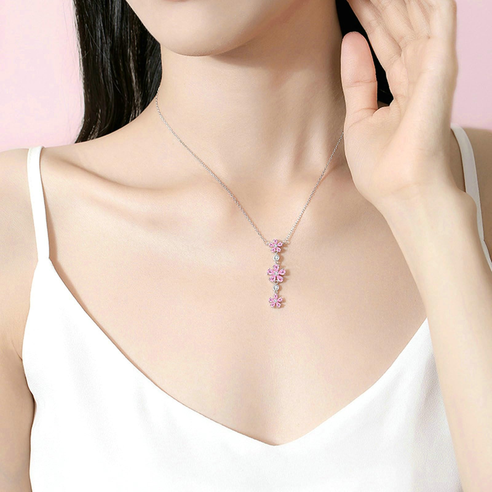 Collar con colgante para mujer de oro blanco 750 585 375, colgante de flores con zafiro rosa y diamante, cadena de oro blanco, 45 cm, sin níquel